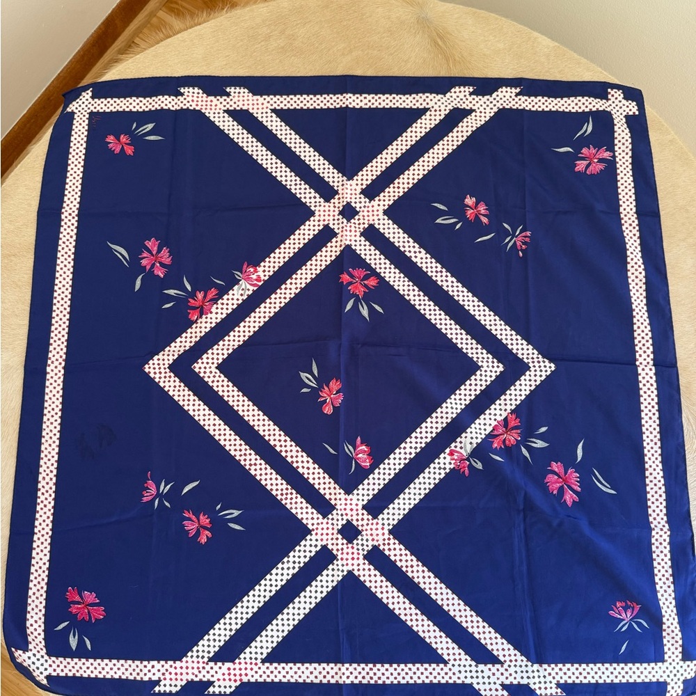 Signed Vera vintage silk Floral Blue and Pink Scarf